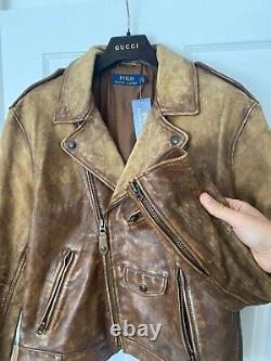 £1,665 New POLO Ralph Lauren Distressed Leather Biker Jacket Brown Large Mens