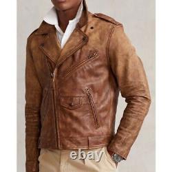 £1,665 New POLO Ralph Lauren Distressed Leather Biker Jacket Brown Large Mens