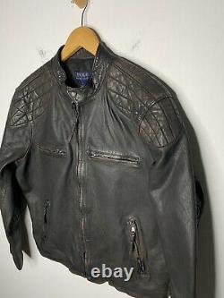$1298 Polo Ralph Lauren Large Black Brown Leather Jacket RRL Cafe Racer VTG Coat