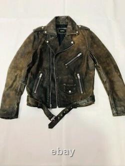 $998 Rare DIESEL Men's Designer Aged Distress Brown Biker Leather Racer Jacket L