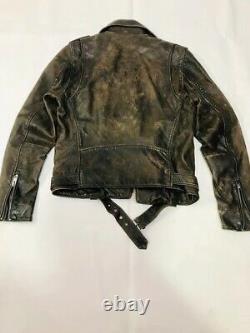 $998 Rare DIESEL Men's Designer Aged Distress Brown Biker Leather Racer Jacket L
