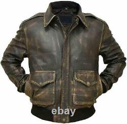 A2 Aviator Brown Distressed Wax Air Force Pilot Men Bomber Real Leather Jacket