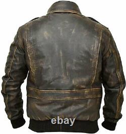 A2 Aviator Brown Distressed Wax Air Force Pilot Men Bomber Real Leather Jacket