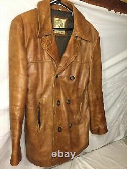 AMI Madrid Vintage 1980s Distressed Cow Hide Leather Jacket Double Breasted Coat