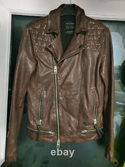 All Saints Mens Oxblood CONROY distressed Leather Biker Jacket Red Brown XS