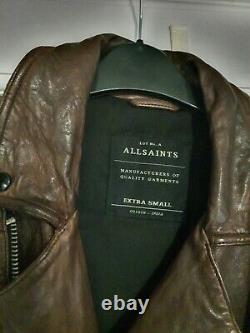 All Saints Mens Oxblood CONROY distressed Leather Biker Jacket Red Brown XS