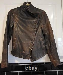 AllSaints Leather Biker Jacket Distressed Brown Size 10 RRP £350