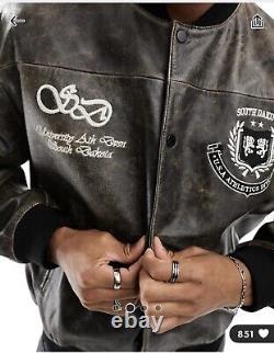 Asos design oversized distressed leather varsity jacket