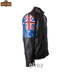Australian Flag Mens Cafe Racer Real Leather Distressed Brown Wax Biker Jacket