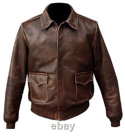 Aviator A-2 Bomber Flight Real Cowhide Distressed Vintage Brown Leather jacket