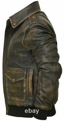 Aviator A-2 Real Cowhide Distressed Leather Bomber Flight Jacket Vintage Brown