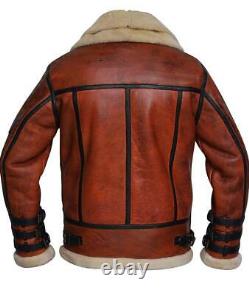 B3 Bomber Real Shearling Distressed Brown Leather Flight Aviator Winter Jacket