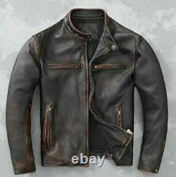 Bomber Brown Biker Vintage Men's Motorcycle Retro Distressed Real Leather Jacket