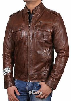 Brandslock Mens Genuine Leather Biker Jacket Distressed Slim Fit