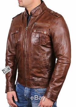 Brandslock Mens Genuine Leather Biker Jacket Distressed Slim Fit