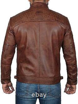 Cafe Racer Biker Brown Leather Jacket Mens Motorcycle Distressed Genuine LEATHER