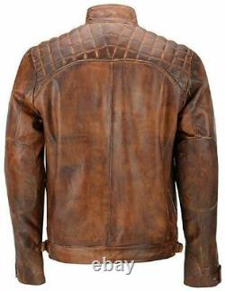Cafe Racer Men Vintage Biker Distressed Quilted Brown Leather Jacket