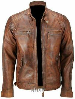 Cafe Racer Men Vintage Biker Distressed Quilted Brown Leather Jacket