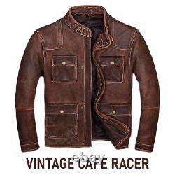 Café Racer Vintage Distressed Men's New Motorcycle Brown Cowhide Leather Jacket