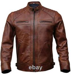 Cafe Racer Waxed Real Lambskin Leather Jacket Brown & Black With Free Shipping