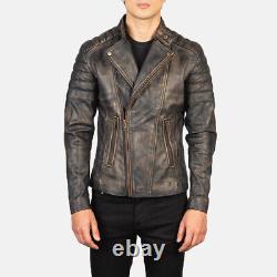 Chiivani Black Distressed Brown Mens Leather Brando Biker Jacket Cross Zip