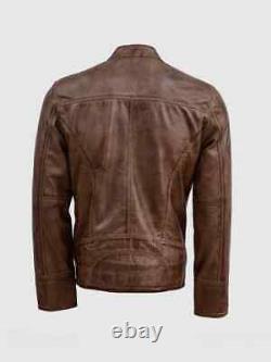 Chiivani Mens Genuine Distressed Brown Leather Jacket Biker Style Casual Wear