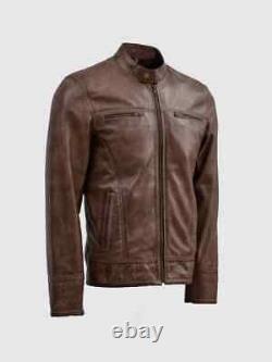 Chiivani Mens Genuine Distressed Brown Leather Jacket Biker Style Casual Wear