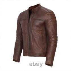Chiivani Mens Genuine Distressed Brown Leather Jacket Moto Style Casual Wear