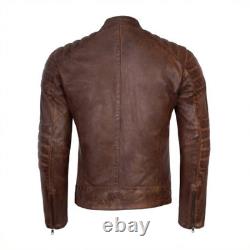 Chiivani Mens Genuine Distressed Brown Leather Jacket Moto Style Casual Wear