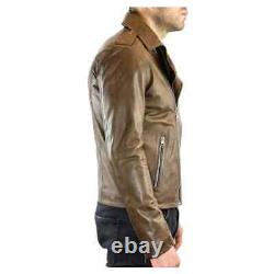 Chiivani Mens Real Soft Leather Jacket Distressed Brown Brando Motorbike Style