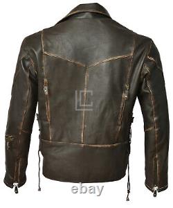 Classic Brown Distressed Terminator Brando Men's Biker Genuine Leather Jacket