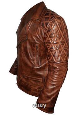 Classic Diamond Motorcycle Distressed Brown Real Leather Biker Jacket