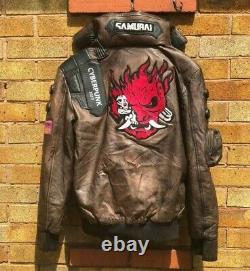 Cyberpunk 2077 LED Collar Distressed Brown Leather Costume Embroidery Jacket Men