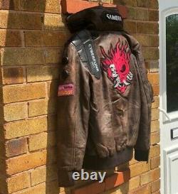 Cyberpunk 2077 LED Collar Distressed Brown Leather Costume Embroidery Jacket Men