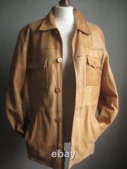 DISTRESSED LEATHER JACKET VINTAGE tan trucker large 40 42 mens real fight club