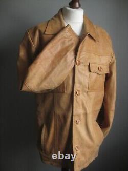 DISTRESSED LEATHER JACKET VINTAGE tan trucker large 40 42 mens real fight club