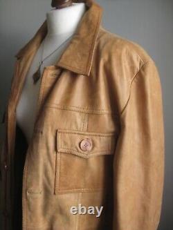 DISTRESSED LEATHER JACKET VINTAGE tan trucker large 40 42 mens real fight club