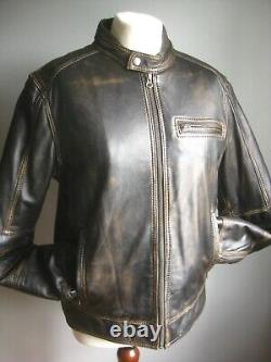 DISTRESSED REAL LEATHER JACKET BIKER medium 40 38 soft brown bomber highwayman