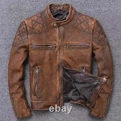 David Beckham Distressed Vintage Biker Motorcycle Mens Cafe Racer Leather Jacket