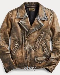 Distressed Brown Biker Classic Men's Jacket RD RUBUF Bomber Real Leather Jacket