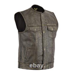 Distressed Brown Collarless Leather Vest Men's Vintage Biker Waistcoat Motorbike