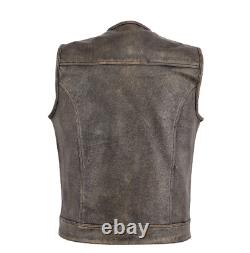 Distressed Brown Collarless Leather Vest Men's Vintage Biker Waistcoat Motorbike