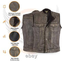 Distressed Brown Collarless Leather Vest Men's Vintage Biker Waistcoat Motorbike