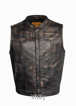 Distressed Brown Leather Club Vest Motorbike Motorcycle Concealed Gun Waistcoat