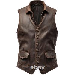 Distressed Brown Leather Vest Classic Button-Up Design El Zoro