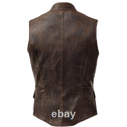 Distressed Brown Leather Vest Classic Button-Up Design El Zoro