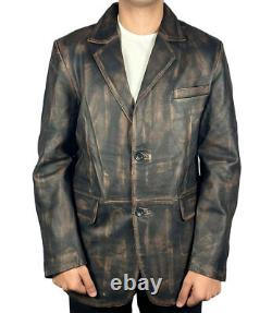 Distressed Brown Real Cowhide Leather Jacket Blazer Coat