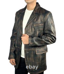 Distressed Brown Real Cowhide Leather Jacket Blazer Coat