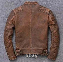 Distressed TAN Vintage Café Racer Men's Biker Motorcycle Real Leather Jacket