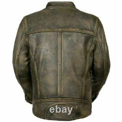 Distressed Wax Mens Cafe Racer Motorcycle Vintage Style Leather Winter Jacket